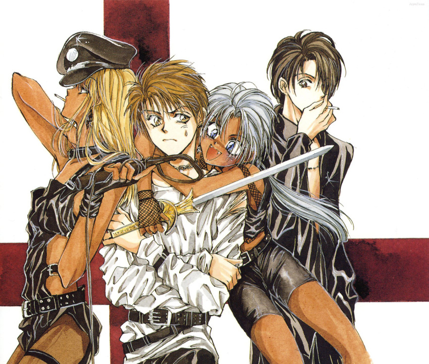 1girl, 2boys, androgynous, angel_cage, angel_sanctuary, arachne, arachne_(angel_sanctuary), artbook