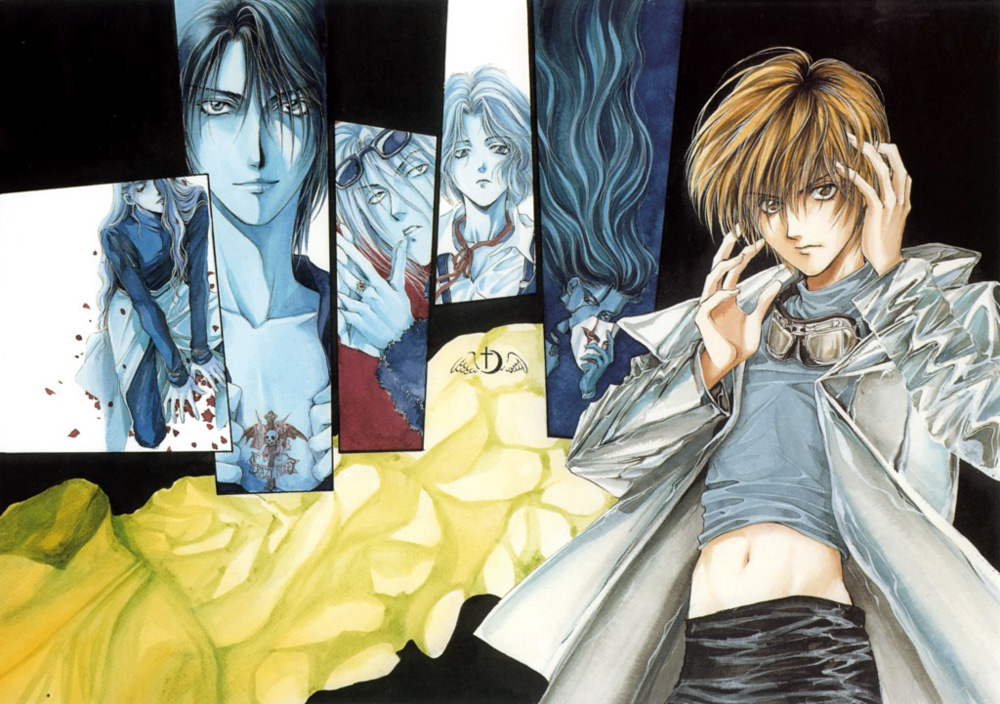 6+boys, angel_cage, angel_sanctuary, artbook, blonde_hair, brown_eyes, coat, goggles