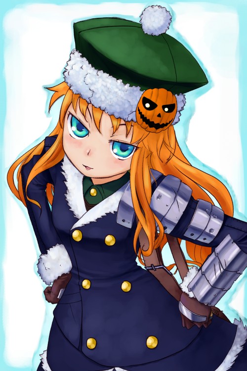 1girl, atlus, blue_eyes, coat, daizan_(mount_position), gunner, hair_ornament, hat