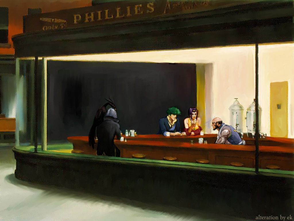 1girl, 3boys, beard, bird, cowboy_bebop, e.k_weaver, facial_hair, faye_valentine, fine_art_parody, jet_black, multiple_boys, nighthawks, parody, spike_spiegel, vicious_(cowboy_bebop)