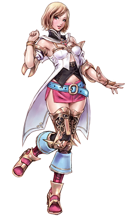 1girl, aqua_eyes, armor, armored_boots, armpits, ashelia_b'nargin_dalmasca, bad_id, belt, blonde_hair, blue_belt, blue_eyes, boots, breasts, brooch, clenched_hand, detached_sleeves, dress, female, final_fantasy, final_fantasy_xii, full_body, hand_up, high_heels, hips, jewelry, knee_boots, lips, lipstick, makeup, medium_breasts, midriff, miniskirt, parted_lips, pink_skirt, shoes, short_hair, side_slit, simple_background, skirt, smile, solo, standing, standing_on_one_leg, thigh-highs, turtleneck, white_background, wide_hips, yamashita_shun'ya, zettai_ryouiki