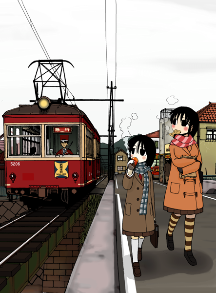eating, food, long_hair, nkmt, original, pantyhose, scarf, striped