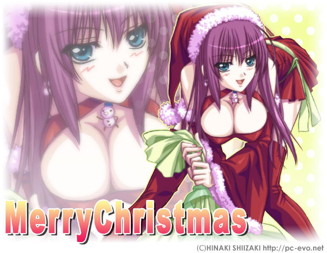 1girl, :d, bent_over, blue_eyes, blush, boots, breasts, christmas