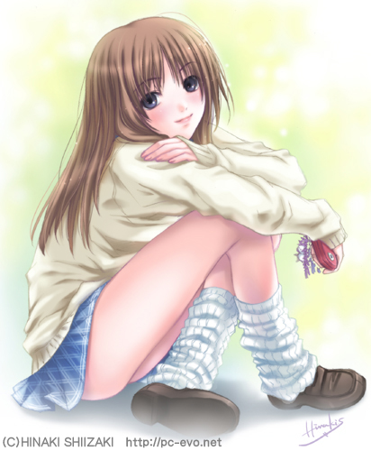 1girl, blue_eyes, blush, brown_hair, cellphone, footwear, kneehighs, knees_to_chest