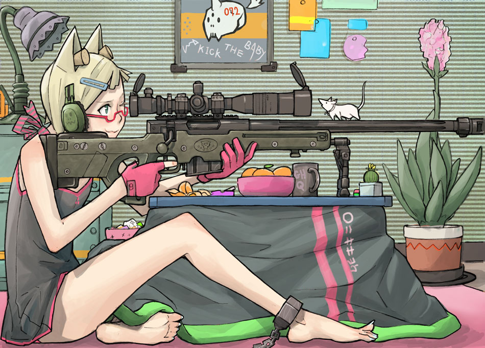 1girl, :3, animal_ears, ankle_cuffs, awp, barefoot, blonde_hair, bolt_action, cat_ears, chains, feet, glasses, gun, l96, long_legs, long_toenails, negishi_hideto, original, ribbon, rifle, short_hair, sniper_rifle, soles, solo, toe-point, toenails, toes, weapon