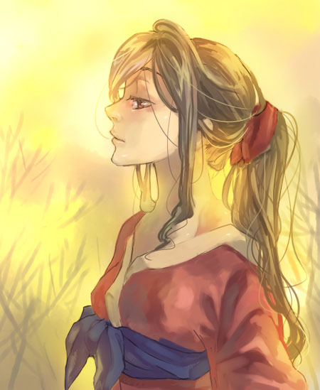 1girl, bangs, blonde_hair, expressionless, hair_ribbon, japanese_clothes, kimono, oira