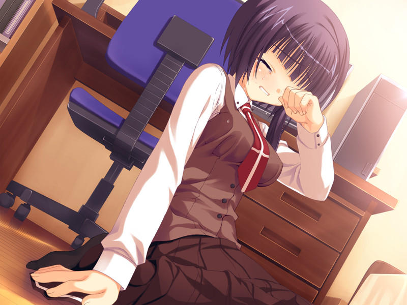 1girl, blue_hair, chair, computer, crying, desk, dutch_angle, empty_x_embryo