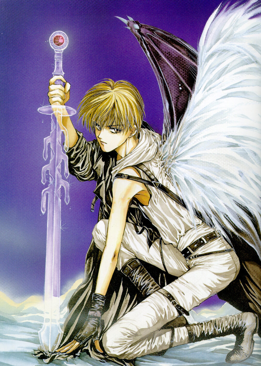 1boy, angel_cage, angel_sanctuary, artbook, belt, blonde_hair, fingerless_gloves, gloves, highres, male_focus, mudou_setsuna, one_knee, sword, weapon, wings, yuki_kaori