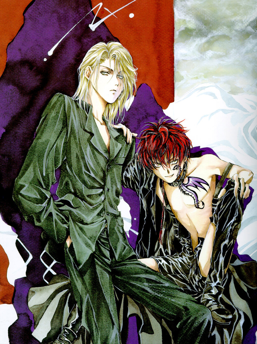 2boys, angel, angel_cage, angel_sanctuary, artbook, black_legwear, blonde_hair, boots, collar, dragon, fingerless_gloves, frown, gloves, hand_in_pocket, highres, leather, male_focus, michael_(angel_sanctuary), michael_(character), multiple_boys, official_art, open_fly, raphael, redhead, scan, shirtless, short_hair, shorts, sitting, smile, spiky_hair, spread_legs, standing, strap_slip, suspenders, tattoo, thigh-highs, thigh_boots, unzipped, yuki_kaori