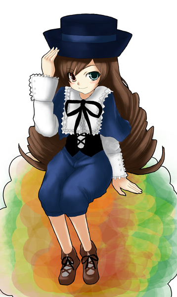 1girl, brown_hair, chiko_(artist), chiko_(kanhogo), cosplay, green_eyes, hat, heterochromia