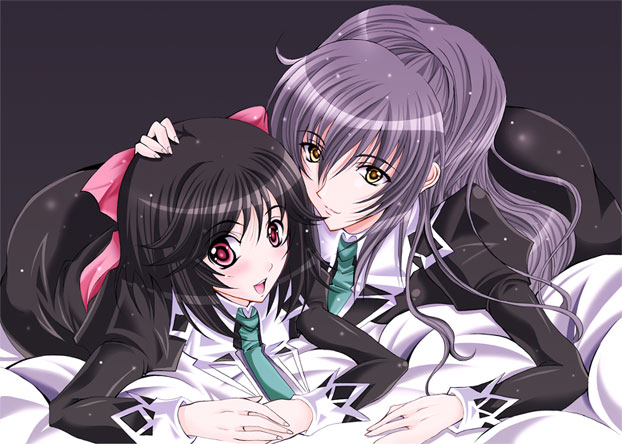 2girls, bed, black_hair, blush, dress, grey_hair, hair_ribbon, hanazono_shizuma