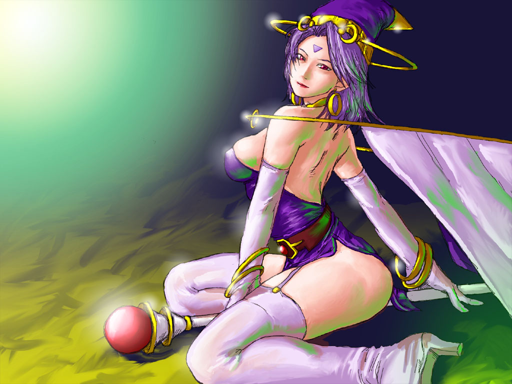 1girl, back, bare_shoulders, belt, boots, bracelet, breasts, cape