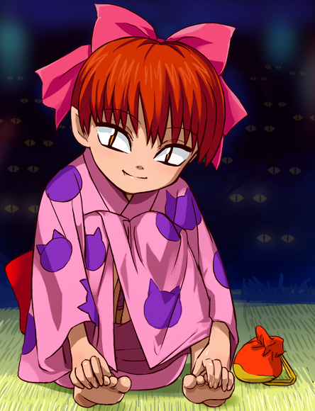 1girl, bag, barefoot, between_toes, bow, cat_print, eyes, fang, feet, fingers_between_toes, full_body, gegege_no_kitarou, hair_ribbon, handbag, hands_on_feet, haruyama_kazunori, japanese_clothes, kimono, knees_up, looking_at_viewer, nekomusume, orange_eyes, orange_hair, pink_bow, ribbon, short_hair, sitting, smile, solo, toes, touei, yukata