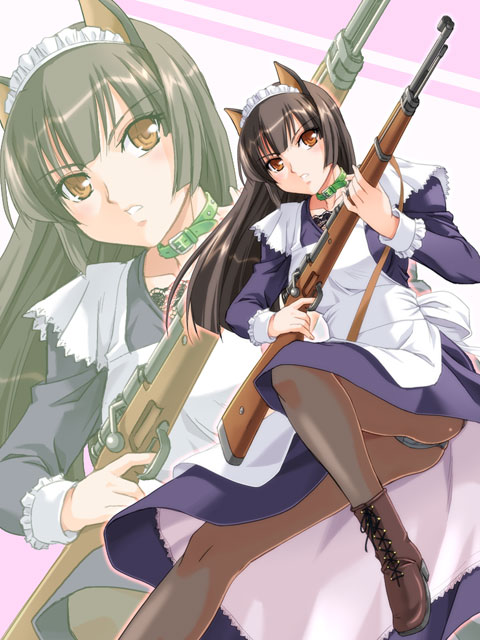 1girl, animal_ears, bolt_action, cat_ears, combat_maid, dress, gun, long_hair