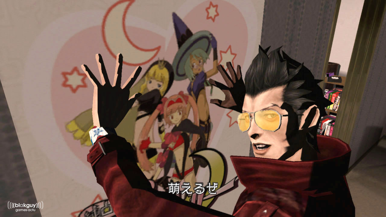 1boy, 3d, 3girls, :d, black_hair, blueberry_(nmh), bookshelf, buckle, cranberry_(nmh), crescent, from_side, glasses, gloves, grasshopper_manufacture, heart, high_collar, indoors, jacket, junpaku_no_koibito_bizarre_jelly, lips, long_sleeves, looking_at_viewer, magical_girl, male_focus, moe, multiple_girls, no_more_heroes, object_hug, open_mouth, otaku, poster, poster_(object), pure_white_lover_bizarre_jelly, screencap, short_hair, sideburns, smile, solo, spiky_hair, star, strawberry_(nmh), subtitled, sunglasses, travis_touchdown, watermark, wristband