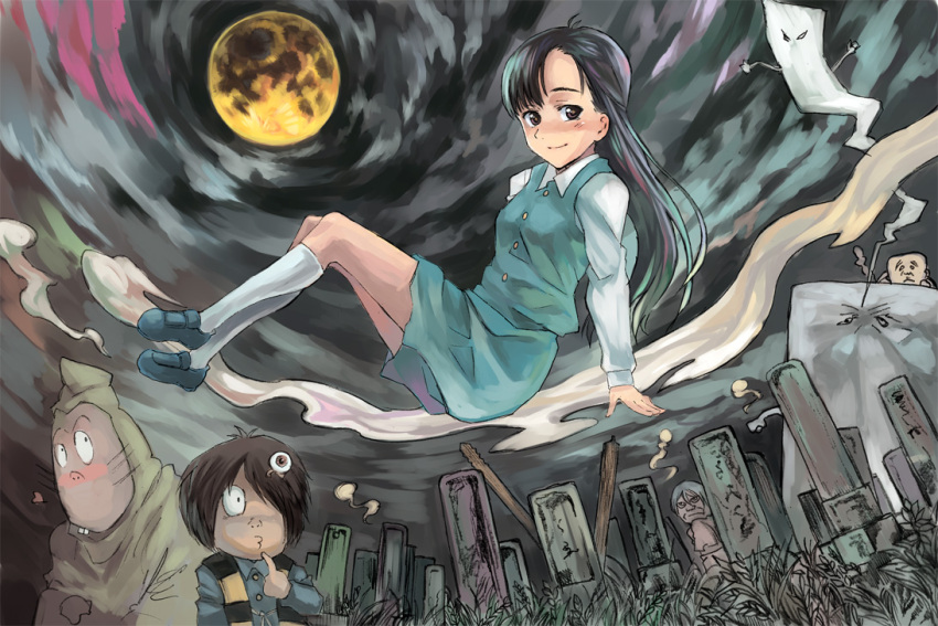 1girl, 2boys, bad_id, gegege_no_kitarou, grave, graveyard, hakaba_kitarou, ittan_momen