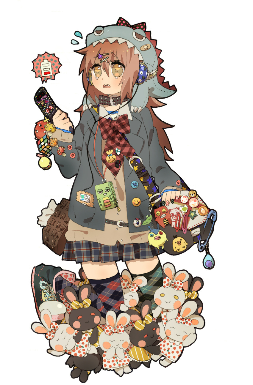 argyle, argyle_legwear, badge, bag, bandaid, bow, brown_hair, bunny, button_badge, buttons, cellphone, cellphone_radio_bar, choker, cube, digital_media_player, fangs, fashion, hair_ornament, hairclip, handbag, hat, headphones, highres, ipod, jacket, mismatched_legwear, nail_polish, necktie, original, phone, plaid, polka_dot, polka_dots, rabbit, ribbon, ribbons, safety_pin, tartan, tears, thigh-highs, thighhighs, tissue, urban_style, wamochi, yellow_eyes, zettai_ryouiki
