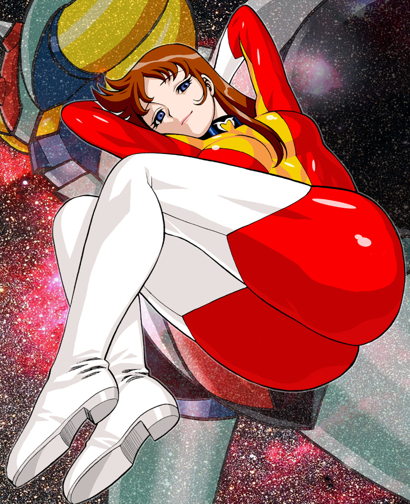 blue_eyes, bodysuit, boots, brown_hair, grendizer, grendizer_(robot), huge_ass, lipstick, long_hair, maria_grace_fleed, mecha, nozomu_tamaki, pilot_suit, shiny, shiny_clothes, skin_tight, smile, thigh-highs, thigh_boots, thighhighs, ufo_robo_grendizer