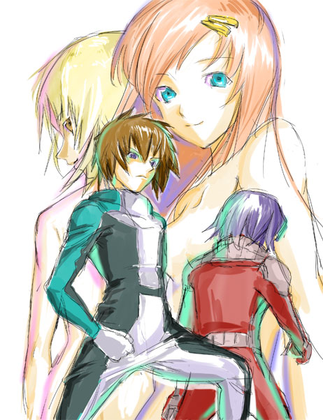 00s, 2boys, 2girls, aqua_eyes, athrun_zala, blonde_hair, brown_hair, cagalli_yula_athha