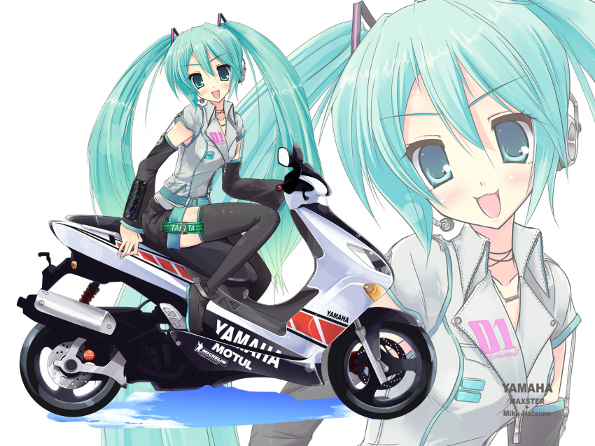 1girl, aqua_hair, ayase_hikaru, bibendum, ground_vehicle, hatsune_miku, highres, long_hair