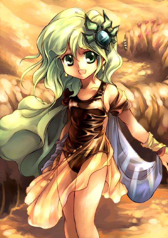 1girl, cape, child, final_fantasy, final_fantasy_iv, green_eyes, green_hair, kouno_hikaru