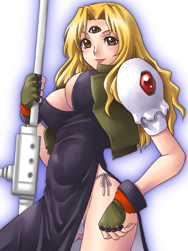 1girl, blonde_hair, breasts, cleavage, gradient, gradient_background, opera_vectra, panties