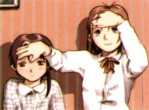 abe_yoshitoshi, brown_eyes, brown_hair, hair_ornament, hairclip, hand_on_another's_face, hand_on_own_face, iwakura_lain, iwakura_mika, multiple_girls, official_art, serial_experiments_lain, yoshitoshi_abe
