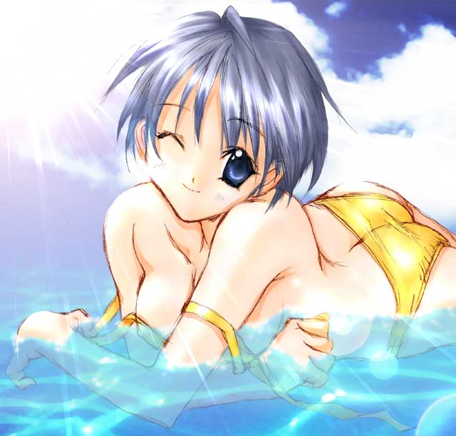1girl, 90s, ass, bikini, bikini_pull, clouds, kusunoki_hatsumi, nanase_aoi