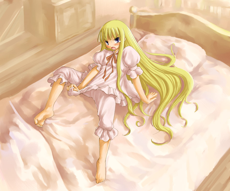 1girl, arm_support, barefoot, bed, blonde_hair, blue_eyes, blush, evangeline_a_k_mcdowell, fang, feet, flat_chest, kasuga_yukihito, long_hair, lying, mahou_sensei_negima!, on_back, pajamas, shirt_tug, solo, tears, vampire, very_long_hair