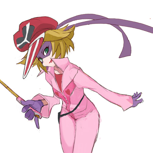 1girl, ai-chan, baseball_cap, belt, belt_pouch, cowboy_shot, gloves, green_eyes, hat, kaminari_ai, long_sleeves, looking_at_viewer, lowres, mask, pocket, purple_gloves, simple_background, solo, standing, tatsunoko_production, time_bokan_(series), uniform, white_background, yatterman, yuuki_(irodo_rhythm), yuuki_(one_world)