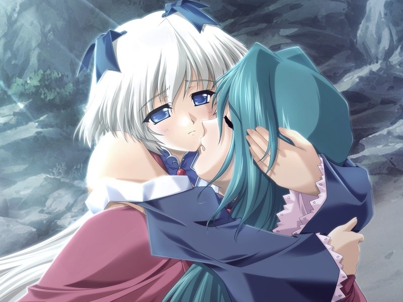 1girl, aka_(nekoneko_soft), akino_takehiko, arrems, dress, game_cg, green_hair, hug, long_hair, ribbon, sad, white_hair