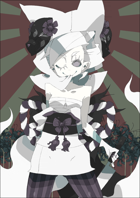 1girl, bandage, flower, japanese_clothes, kimono, knife, mask, okamaru_shikhi