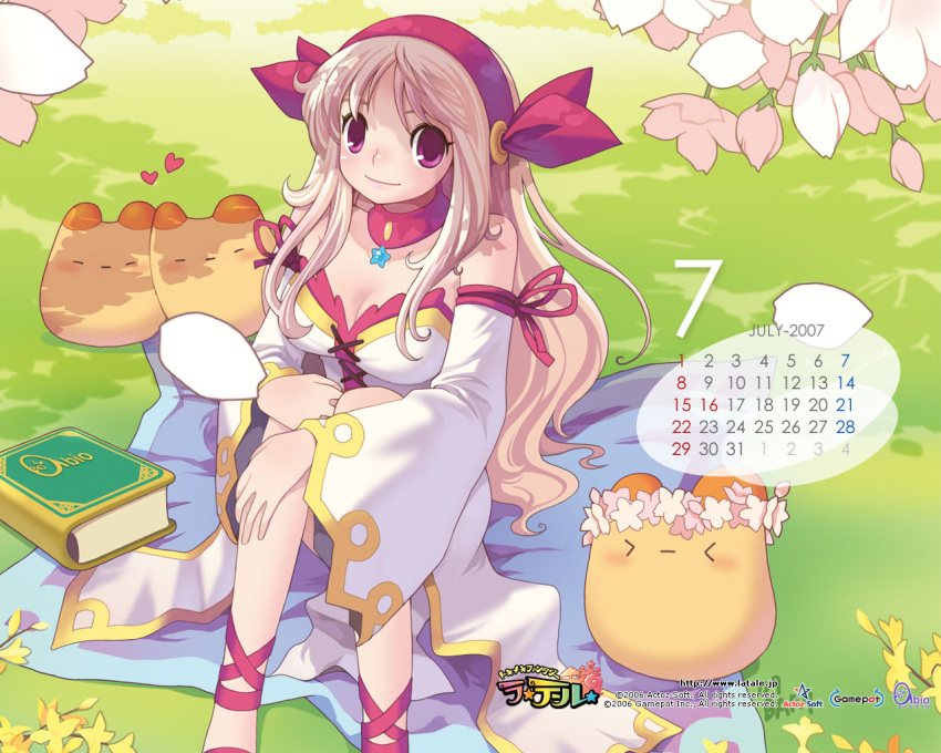 >_<, 00s, 1girl, 2006, 2007, blonde_hair, blush, book, breasts, calendar, choker, cleavage, closed_eyes, company_name, copyright_name, detached_sleeves, hair_ribbon, hand_on_leg, hand_on_own_knee, head_wreath, heart, iris_(latale), latale, light_smile, long_hair, long_sleeves, number, official_art, priring, ribbon, sitting, star, violet_eyes, wallpaper, watermark, web_address, white_hair