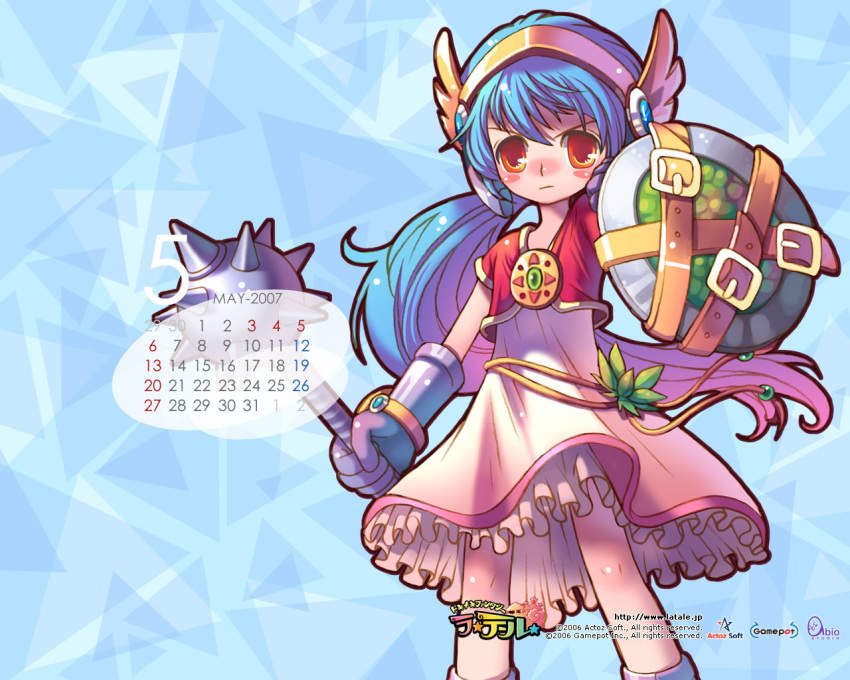 >:/, 00s, 1girl, 2006, 2007, blue_background, blue_eyes, blue_hair, blush, blush_stickers, calendar, company_name, copyright_name, dress, fantasy, gauntlets, holding, holding_weapon, knight_(latale), latale, long_hair, mace, nose_blush, number, official_art, orange_eyes, ponytail, shield, short_sleeves, solo, very_long_hair, wallpaper, watermark, weapon, web_address
