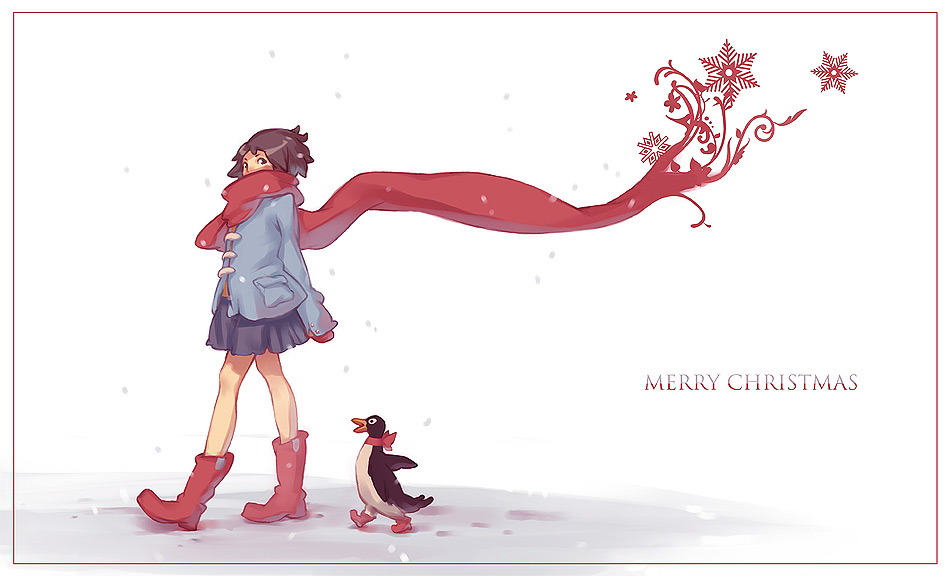 1girl, bird, boots, brown_hair, christmas, coat, merry_christmas, original