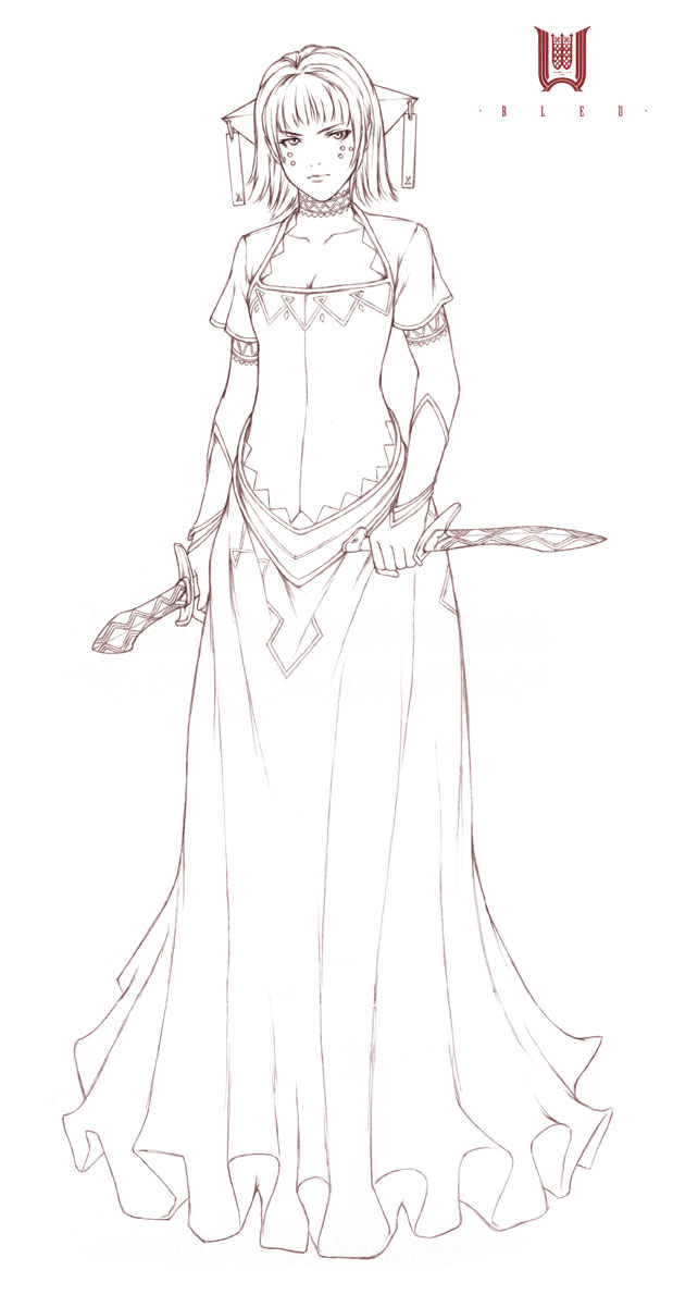 1girl, bleu, dress, highres, knife, monochrome, red, solo