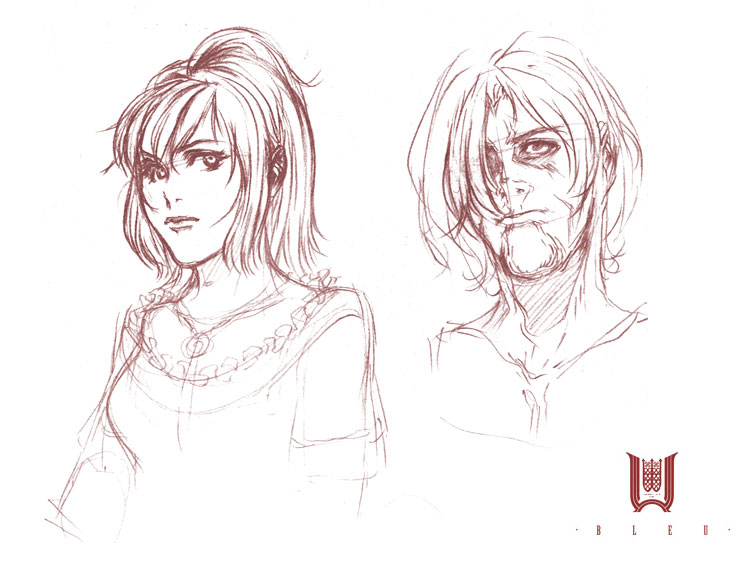 1boy, 1girl, beard, bleu, concept_art, facial_hair, jewelry, monochrome