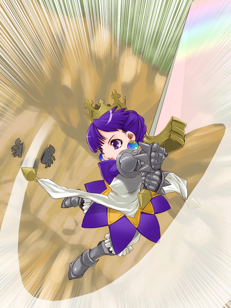 1girl, armor, armored_dress, atlus, battle, brown_background, crown, dress
