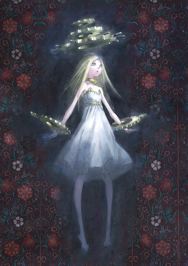 1girl, bad_anatomy, bad_feet, barefoot, blonde_hair, dress, feet, floating, floral_print, flower, gears, kerokero_saito, looking_up, original, poorly_drawn, solo