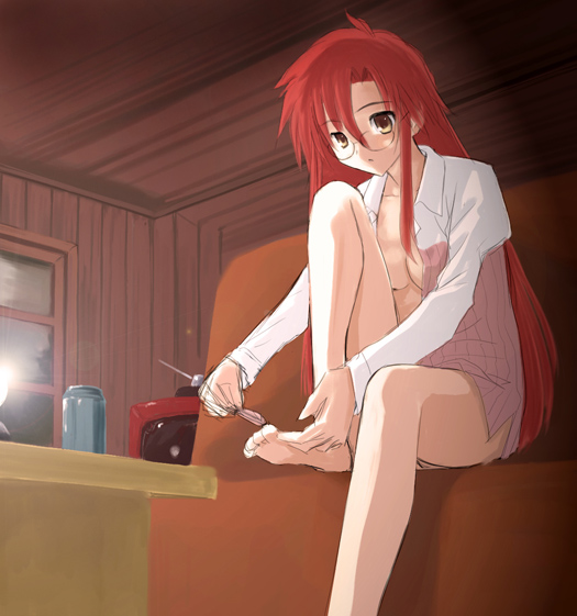 1girl, barefoot, feet, glasses, long_hair, niwatori_kokezou, no_pants, open_clothes