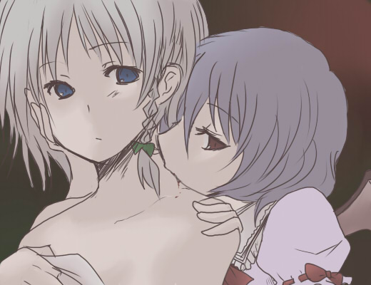 2girls, aoi_tobira, bare_shoulders, biting, braid, female, gradient, gradient_background, hitori_osero, izayoi_sakuya, multiple_girls, neck_biting, remilia_scarlet, touhou, upper_body, vampire