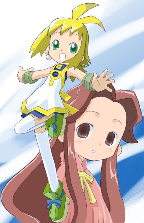 2girls, :d, armpits, bangs, bare_shoulders, bow, bowtie, bracelet, brown_eyes, brown_hair, castille, castille_(phantom_brave), jewelry, looking_at_viewer, marona_(phantom_brave), multiple_girls, nippon_ichi, open_mouth, outstretched_arms, parted_bangs, phantom_brave, smile, standing, standing_on_one_leg, suzushiro_seri, thigh-highs, white_legwear, yellow_bow, yellow_bowtie, zettai_ryouiki