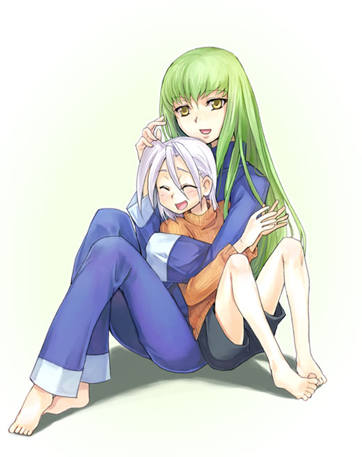 1boy, 1girl, :d, ^_^, ^o^, bangs, barefoot, blunt_bangs