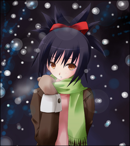 1girl, black_hair, bleach, bleach:_memories_of_nobody, brown_eyes, gloves, green_scarf, hair_ribbon