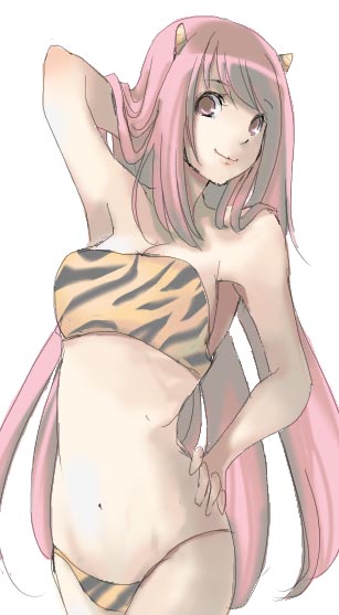 1girl, bikini, murakami, murakami_mame, oni, pink_hair, solo, swimsuit