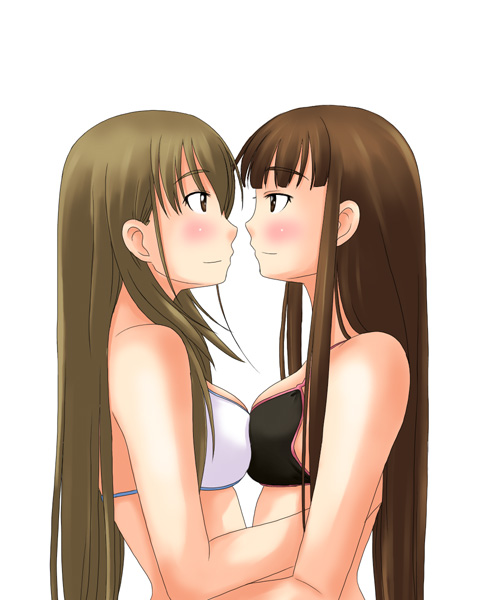 00s, 2girls, bangs, bikini, blonde_hair, blunt_bangs, blush, breast_press