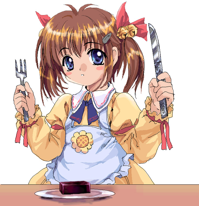 1girl, apron, bell, blue_eyes, blush_stickers, brown_hair, flower, food