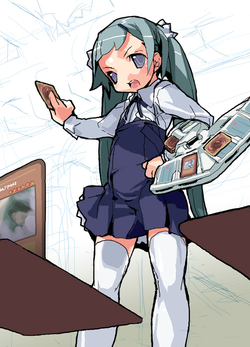 1girl, card, duel_disk, duel_monster, holding, holding_card, lying_card, maid