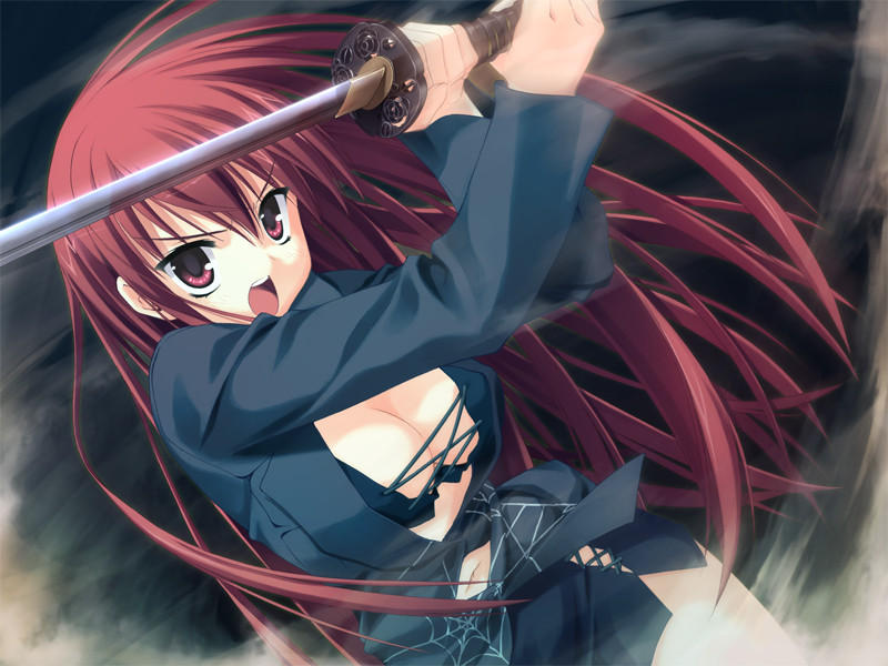 1girl, breasts, cleavage, dutch_angle, empty_x_embryo, game_cg, jpeg_artifacts, katana