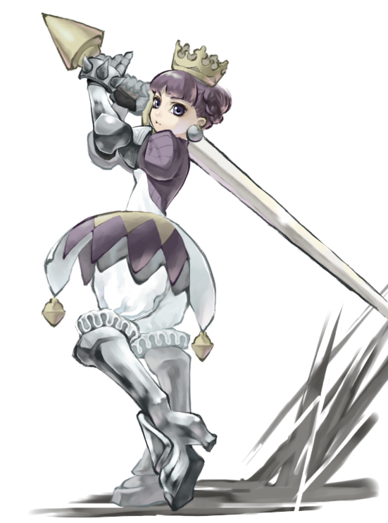 1girl, armor, armored_dress, atlus, boots, crown, dress, earrings, gauntlets, gradiel, gradriel, gradriel_de_valendia, greaves, hair_up, huge_weapon, jewelry, knee_boots, princess_crown, purple_hair, short_hair, solo, sword, violet_eyes, weapon, white_background, you2